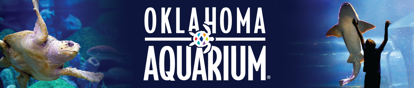 Header image with a sea turtle, a shark, a silhouette of a boy, and the Oklahoma Aquarium logo